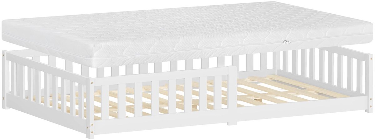 ml-design kinderbed junior peuter babybed 120x200 cm wit H:16 cm met matras vloerbed massief grenenhout stevig lattenbodem valbeveiliging montessori kinderhuis speelbed huisontwerp eenpersoonsbed voor jongens en meisjes stabiel veilig comfortabel
