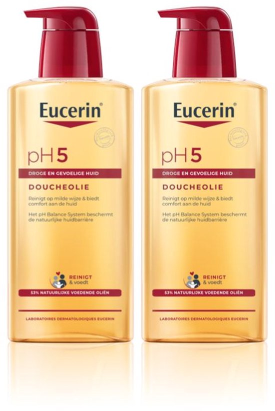 Twee flessen Eucerin pH5 doucheolie met pompdispenser, met tekst over reiniging en 53% natuurlijke oliën.