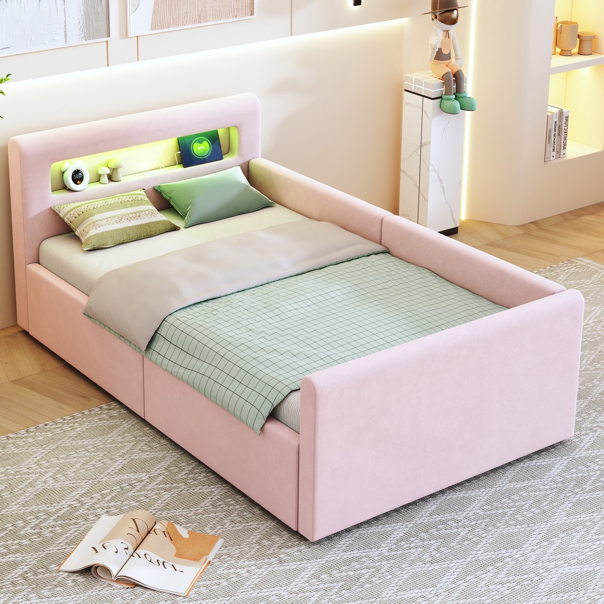 MODFU Bedframe 90x200 cm – gestoffeerd fluweel roze – met LED via telefoon, USB en hydraulische opbergruimte – kinderbed