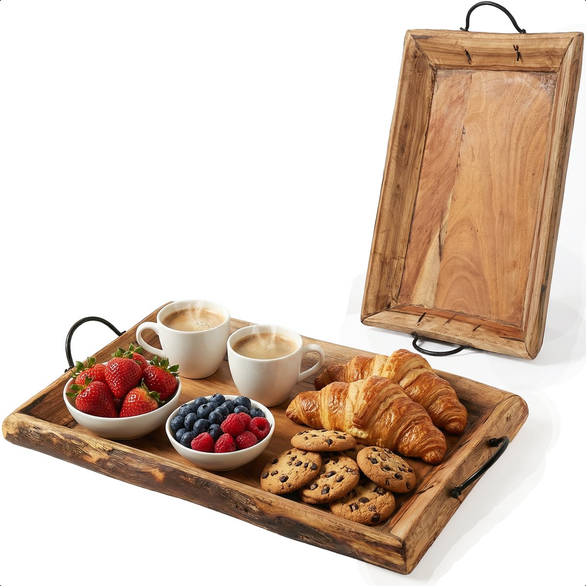 Koipa Dienblad - Rechthoek - Hout - Ijzeren Handvaten - Uniek design - Mango Hout - Decoratie - 45 x 32 x 8 cm - 3.5kg