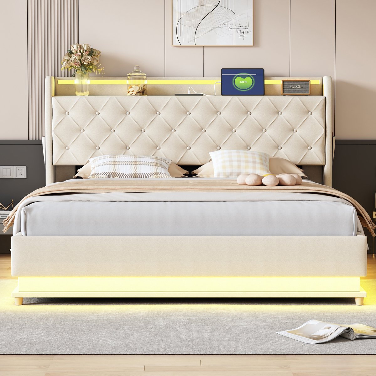 OKWISH Gestoffeerd Bed 160x200cm – Ledverlichting Met Kleurwissel – Met Usb Oplaadpunt – Hydraulische Opbergruimte – Zonder matras – Linnen Beige