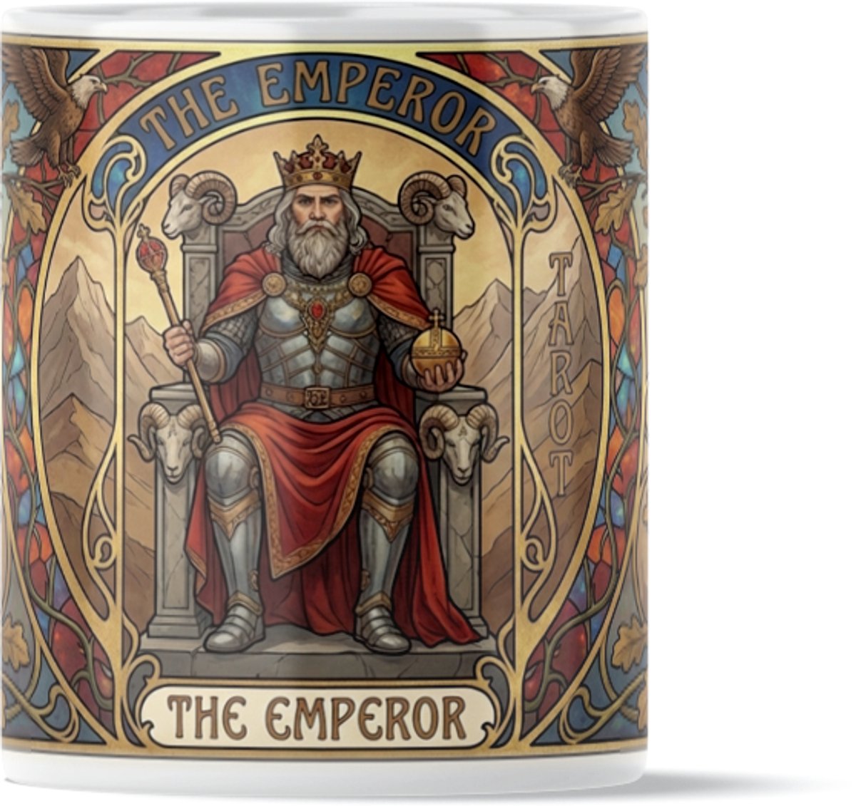 Mystieke Tarot Mok "The Emperor" (De Keizer) - Symbool voor Leiderschap & Kracht - Vintage Art Nouveau Design met Rammen, Adelaars & Eikenbladeren - Stoer Spiritueel Cadeau voor Vaderdag of Verjaardag - Vintage Illustratie