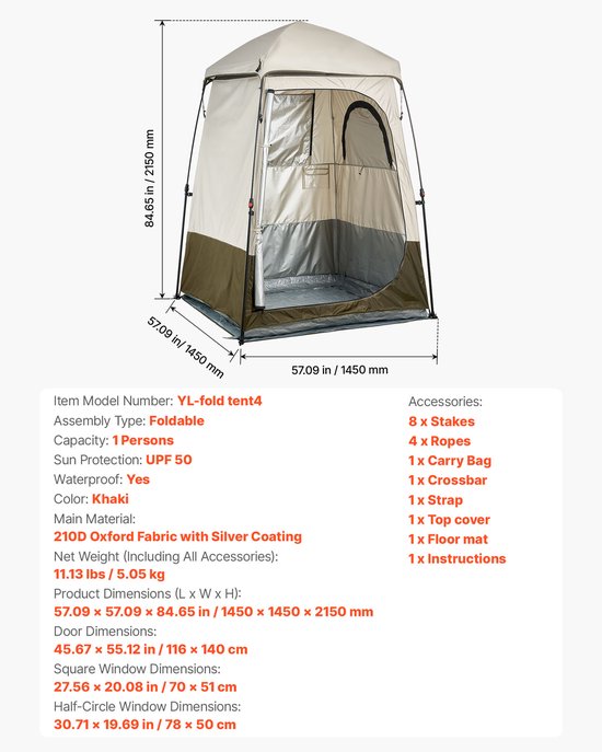 VEVOR 1-Kamer Douchetent, Waterdichte Toilettent (145x145x215 cm), Omkleedtent Incl. Haringen, Touwen, Draagtas En Dwarsbalk, Gemaakt van 210d Oxford-Stof Voor Kamperen, Strand, Vissen, Kaki — afbeelding 3