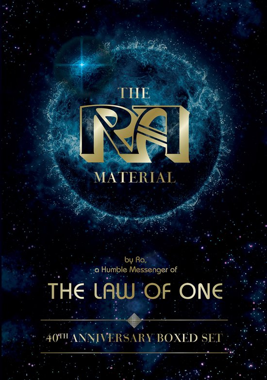 The Ra Material: The Law of One 40th Anniversary Boxed Set met gouden tekst op een donkere, sterrenachtige achtergrond met een blauwe nevel.