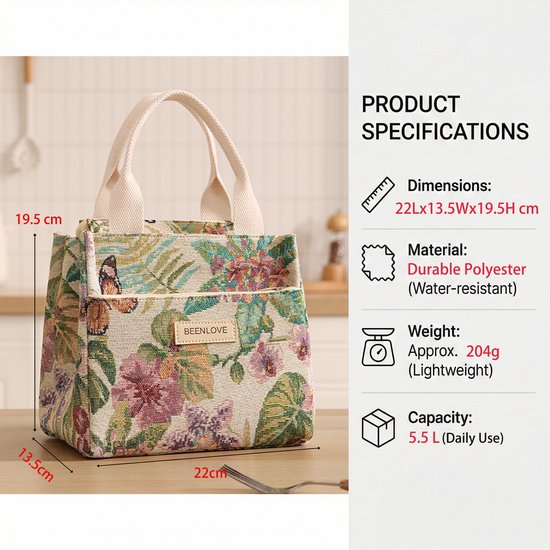 Rainbecom - Koeltassen Lunchtas 5,5L Geïsoleerd - Lunch tas Dames & Heren - 22x13.5x19.5 cm Lunchbag voor Werk & School - Koeltas Waterafstotend Polyester - Grote Opening met Rits - Beige Tropische Print van Rainbecom — afbeelding 2