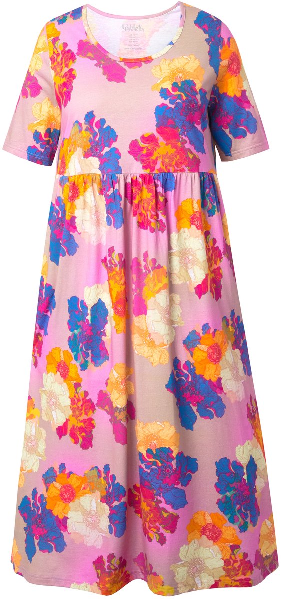 Ulla Popken - Dames - Maxi-jurk bloemen A-lijn ronde hals korte mouwen zakken - Lichtroze - Maat 42+