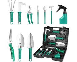 Een 10-delige tuingereedschapset met opbergdoos, inclusief een tuinschep, snoeischaar, spade en sproeier.
