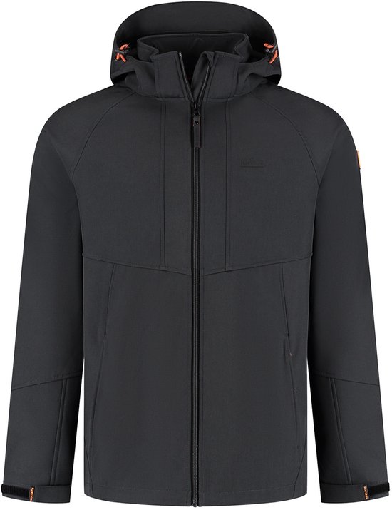 Kjelvik zwarte outdoorjas met capuchon, rits en oranje accenten.