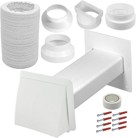 Universele airco afvoer set 4″-6″ met buitenmuur ventilatie, reductie adapters en flexibele slang wit