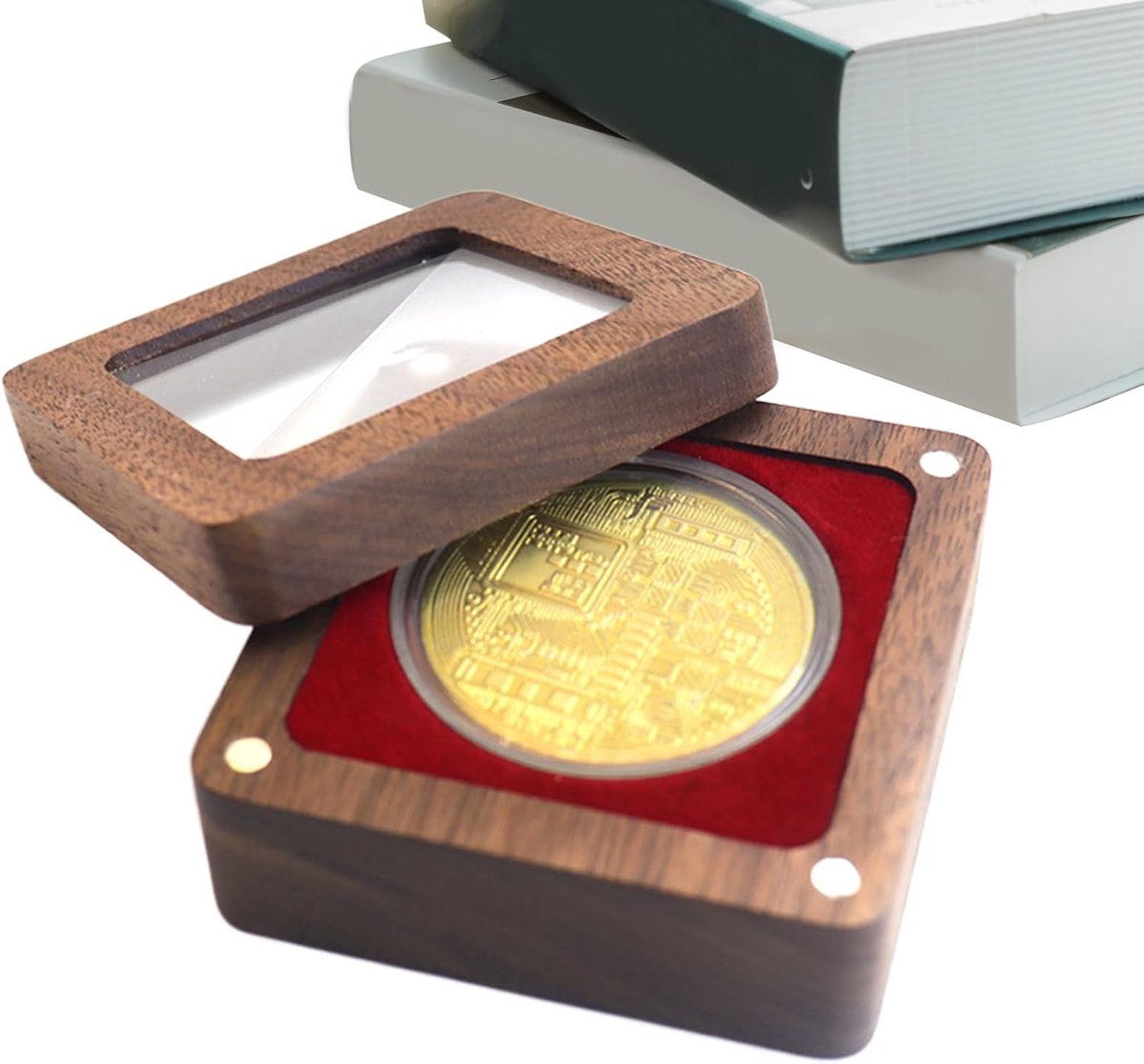 Munten Presentatiedoos - Herdenkingsmunten Opslag - Verzamelen Tonen - Kijkvenster Fluweel - 6.7 x 6.7 cm - Walnoot Rood