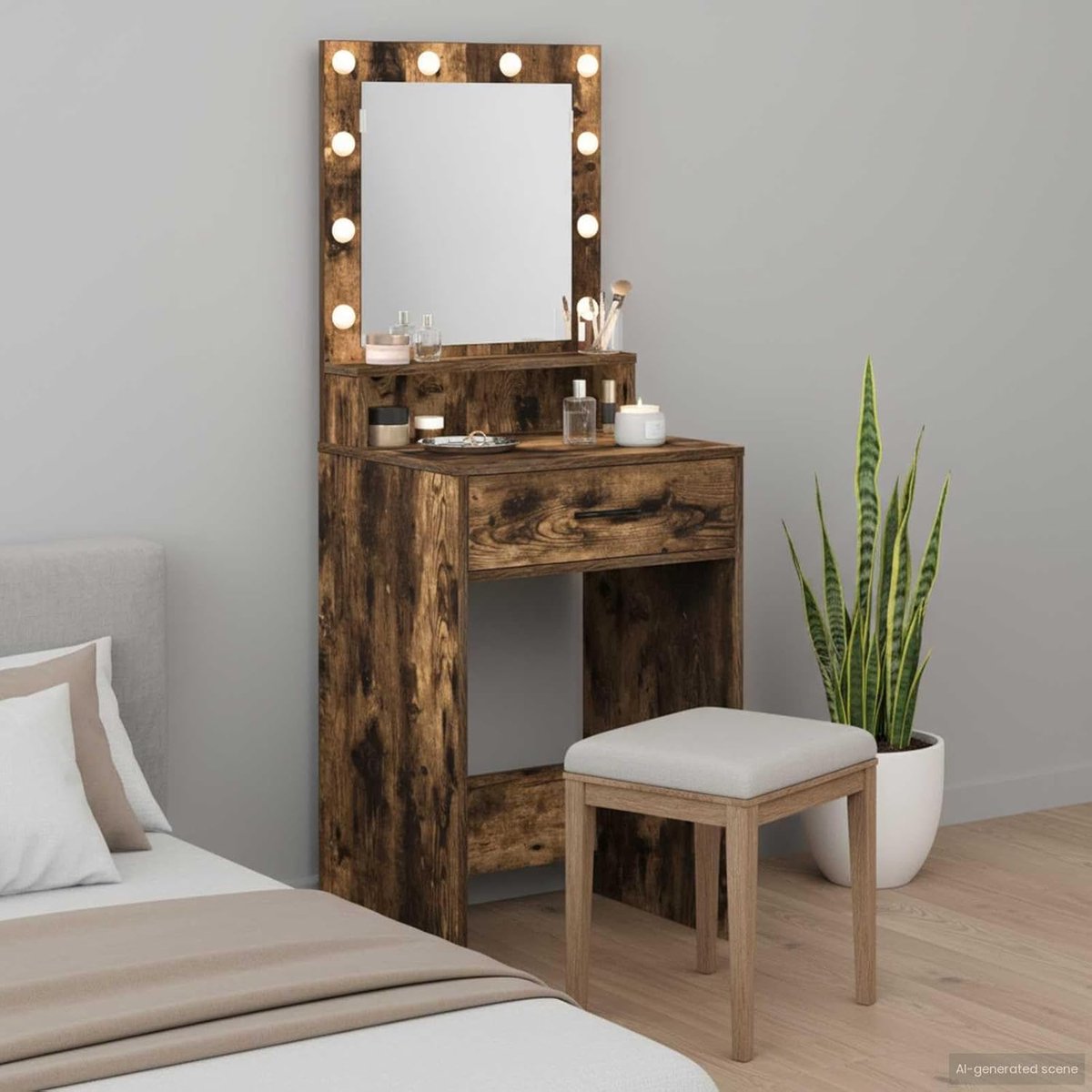 Toilettafel Hout - Kaptafel Vanity - Make-up Aanbrengen - Geïntegreerde LED Verlichting - 50 x 41 x 135 cm