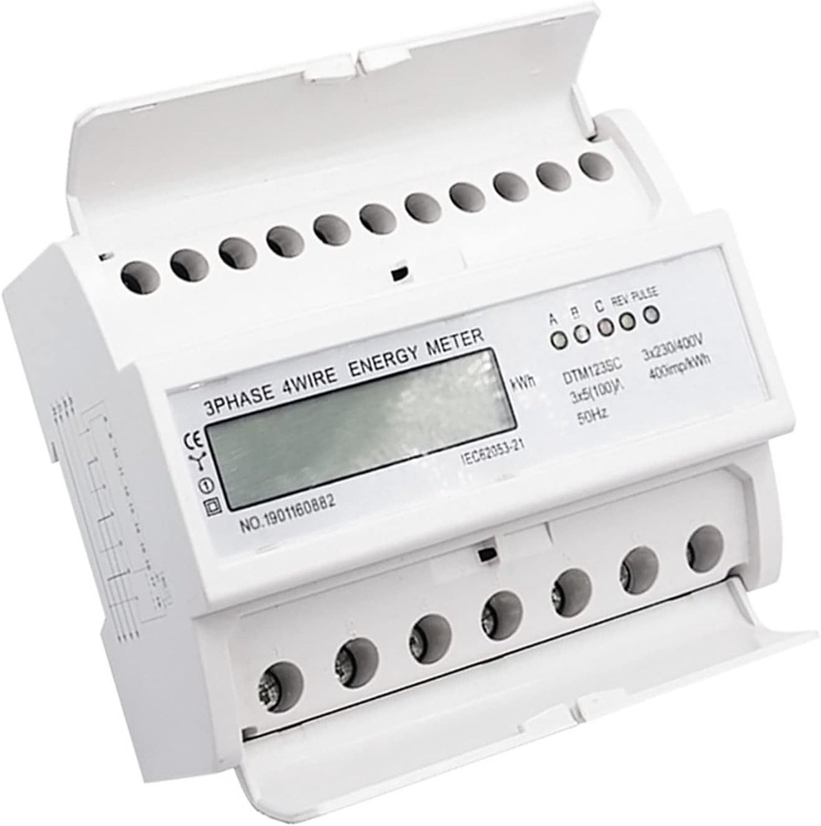 Digitale Energiemeter - Stroomverbruiksmonitor - 3-Fase Meten - LCD Scherm - 123 x 100 x 65 mm - Wit