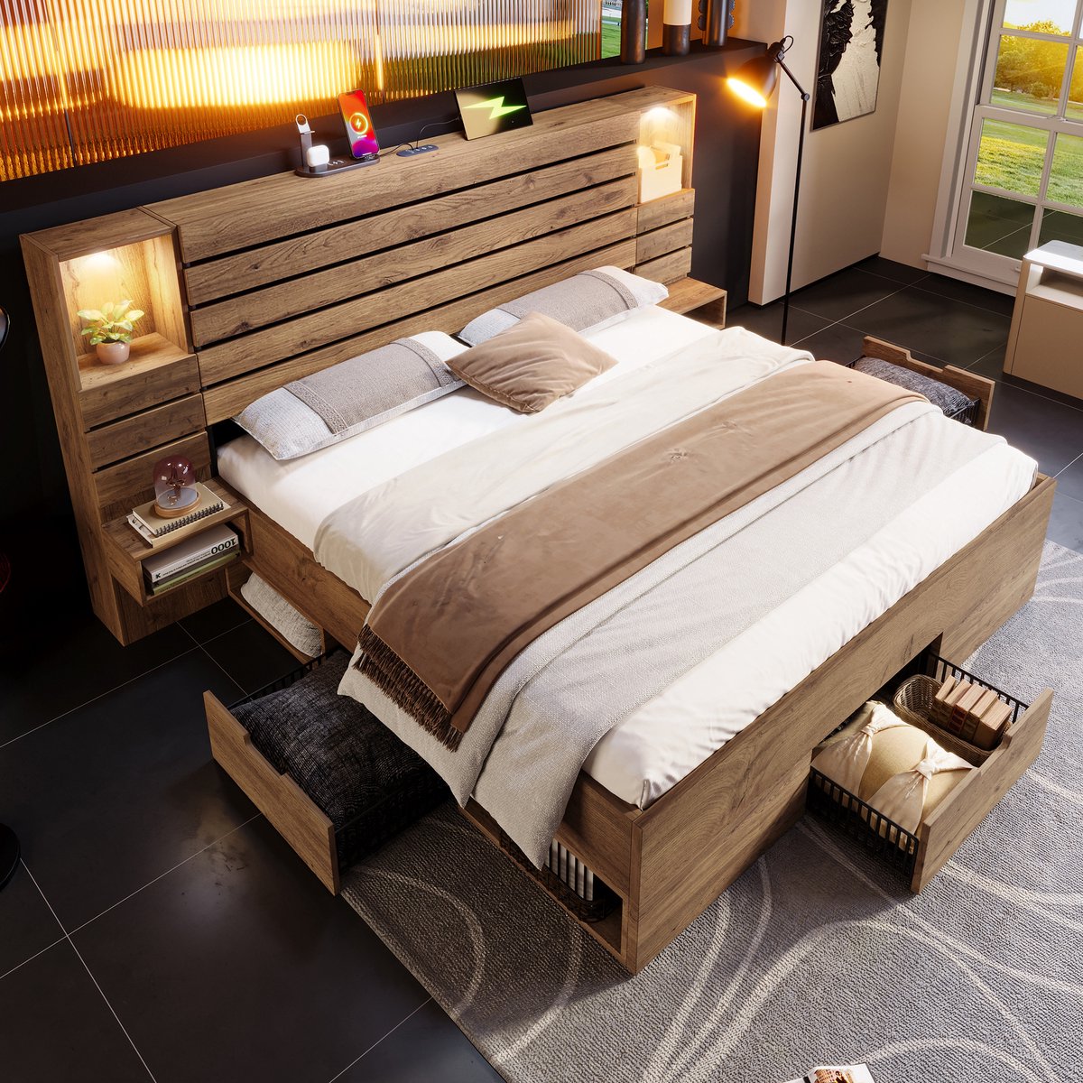 Houten bed – tweepersoonsbed – afmetingen 180 x 200 cm – voorzien van led-verlichting onder het bed en USB Type-C – verlichte nissen – zwevende nachtkastjes – opbergruimte onder het bed met lades – eikenhouten look – zonder matras