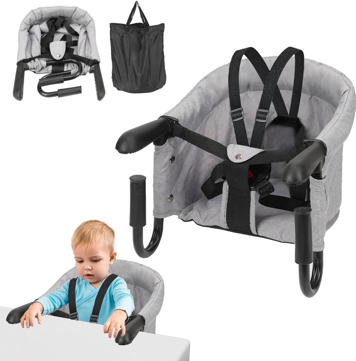 Kinderstoel Inklapbaar - Draagbare Kinderzitje - Veilig Eten - Inclusief Draagtas - Tot 18 kg - Grijs