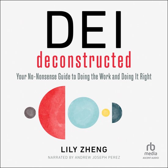 Boekhoes met de titel DEI deconstructed in zwart en rood, met abstracte cirkels en tekst.