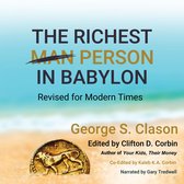 Boekomslag met een gouden munt op een strand, titel 'The Richest Person in Babylon' met 'Man' doorgehaald.