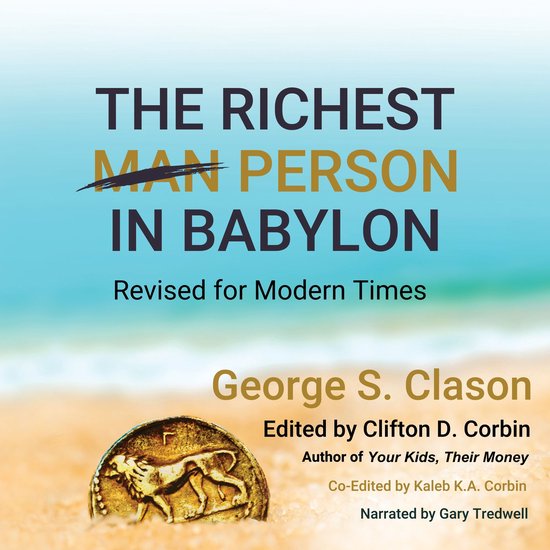 Boekomslag met een gouden munt op een strand, titel 'The Richest Person in Babylon' met 'Man' doorgehaald.