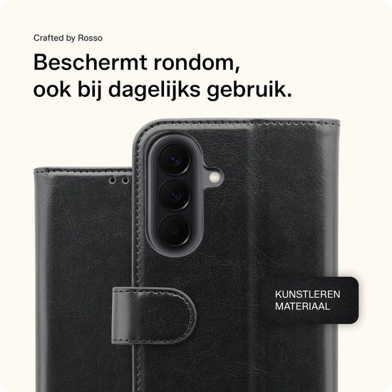 Zwarte portefeuille case met magneetsluiting, pasjeshouder en standfunctie.