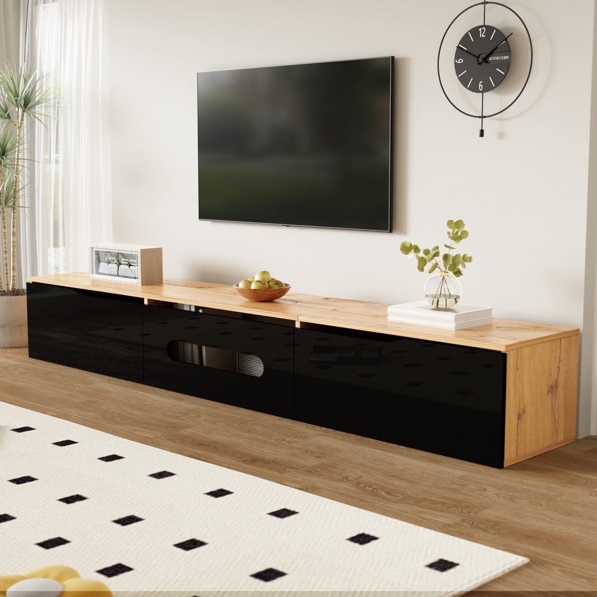 MODENUIT Tv-meubel - Met Ledverlichting En 3 Deuren - Voor Woonkamer, Vloer Of Wandmontage - MDF - 180x35x30 Cm Zwart