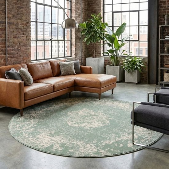 Fraai Rond vintage vloerkleed - Wonder Groen - Ø 100cm