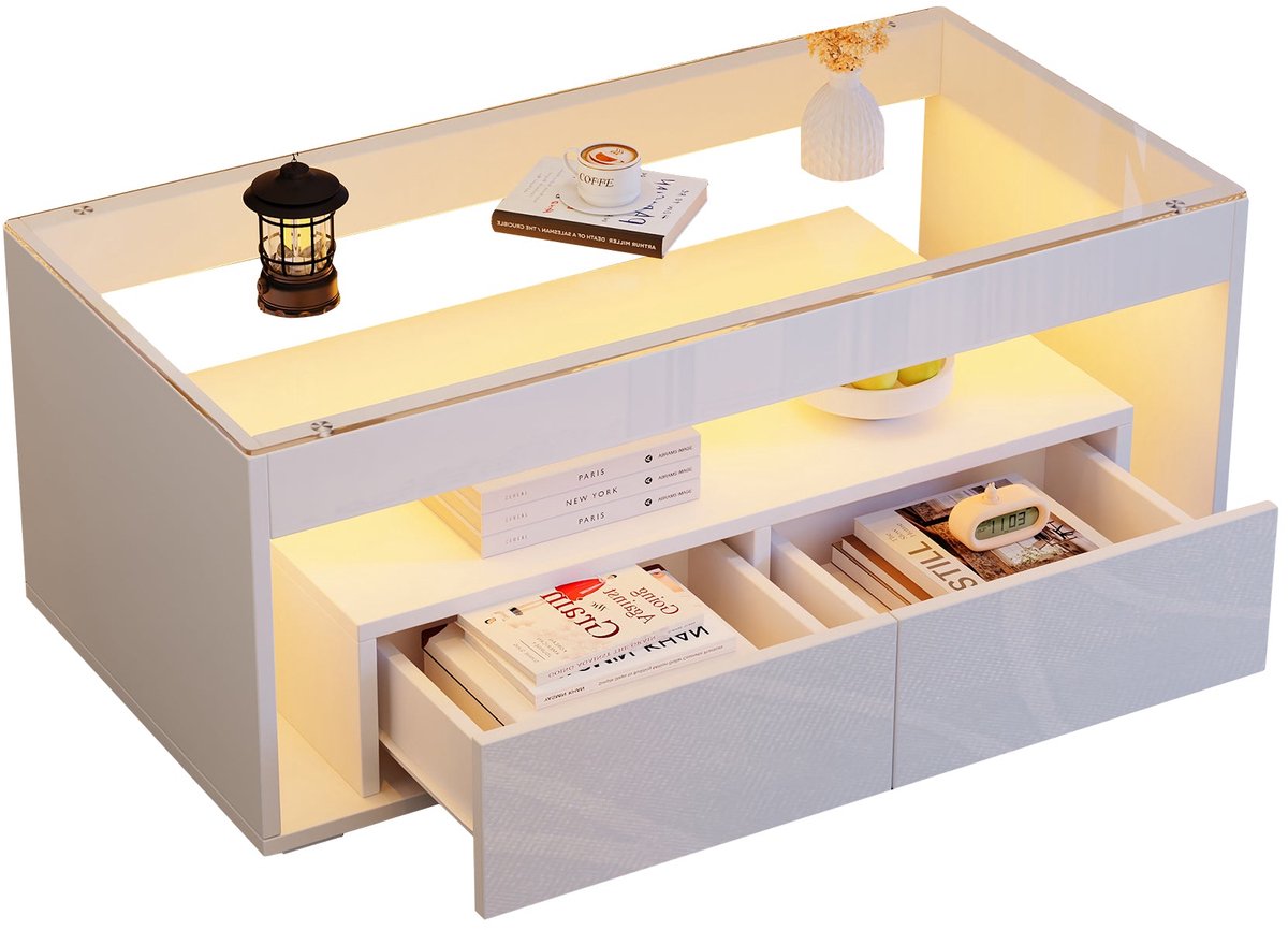Merax Salontafel met LED en Glasplaat 100x50x40 cm – Hoogglans Witte Koffietafel met Opbergruimte en 2 Lades – Moderne Woonkamertafel met Verlichting