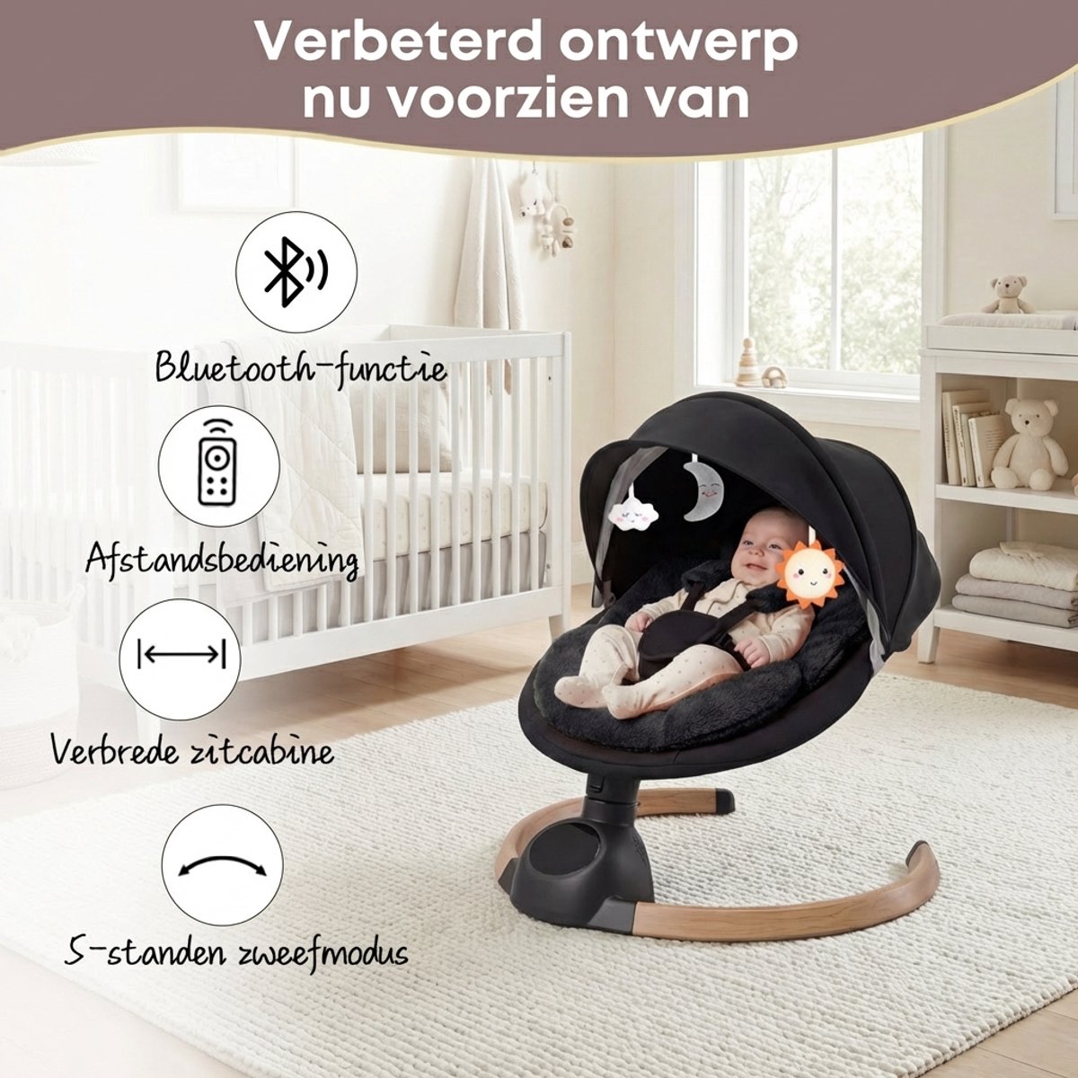 3Babies® Baby Swing – Elektrisch Wipstoel – Babyschommel – Elektrische Schommelstoel baby – Wasbare Bekleding – Afstandsbediening en App – Teddy Materiaal – Zwart – foto 5
