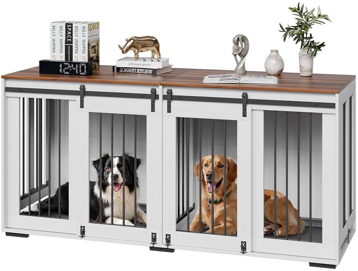 Hondenkrat Meubel - Hondenbench TV-standaard - Binnen Huiskamer - Dubbele Schuifdeuren - 180x60x86 cm - Wit