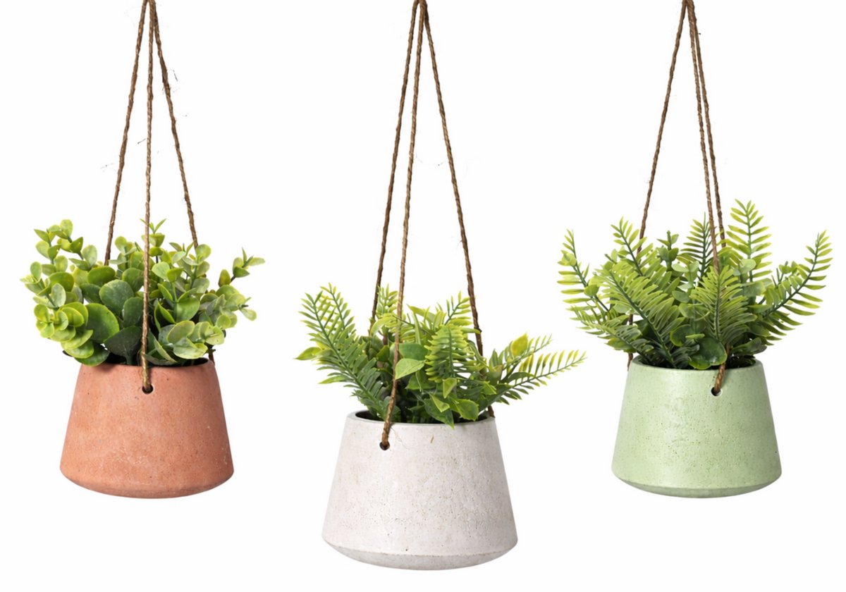 HEM Kunst Hangplant Set van 3 – Groene Nep Planten Hangend – Wit, Terracotta & Groen – Inclusief Pot & Ophangsysteem – Onderhoudsvrije Decoratie Set
