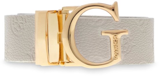 Crème gekleurde riem met reliëf en goudkleurige gesp met 'G' logo.