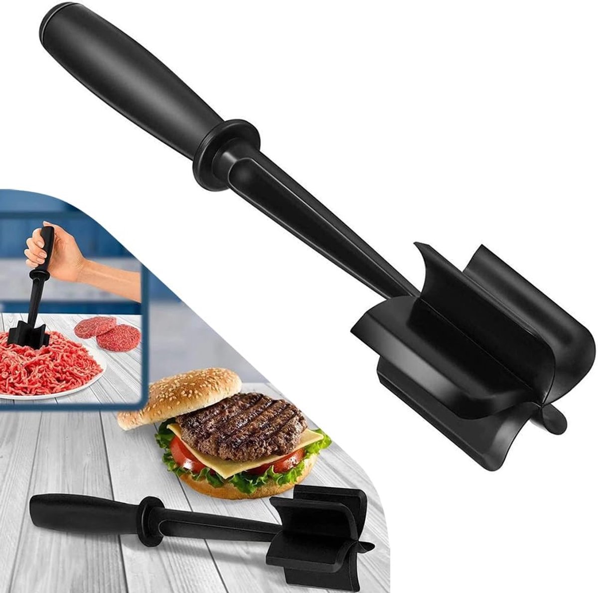 Vleesmolen Keuken - Hamburger Smasher - Snel Gehakt Maken - 5 Bladen Ontwerp - 11 Inch Lengte - Zwart