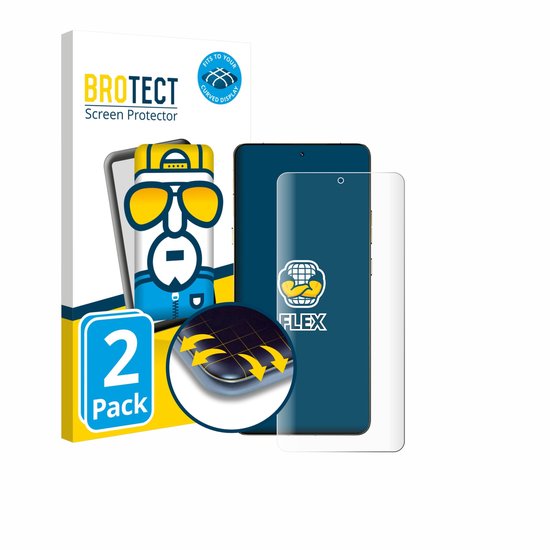 Emballage de 2 protecteurs d'écran avec une figure pop-art, à côté d'un téléphone avec un protecteur transparent.