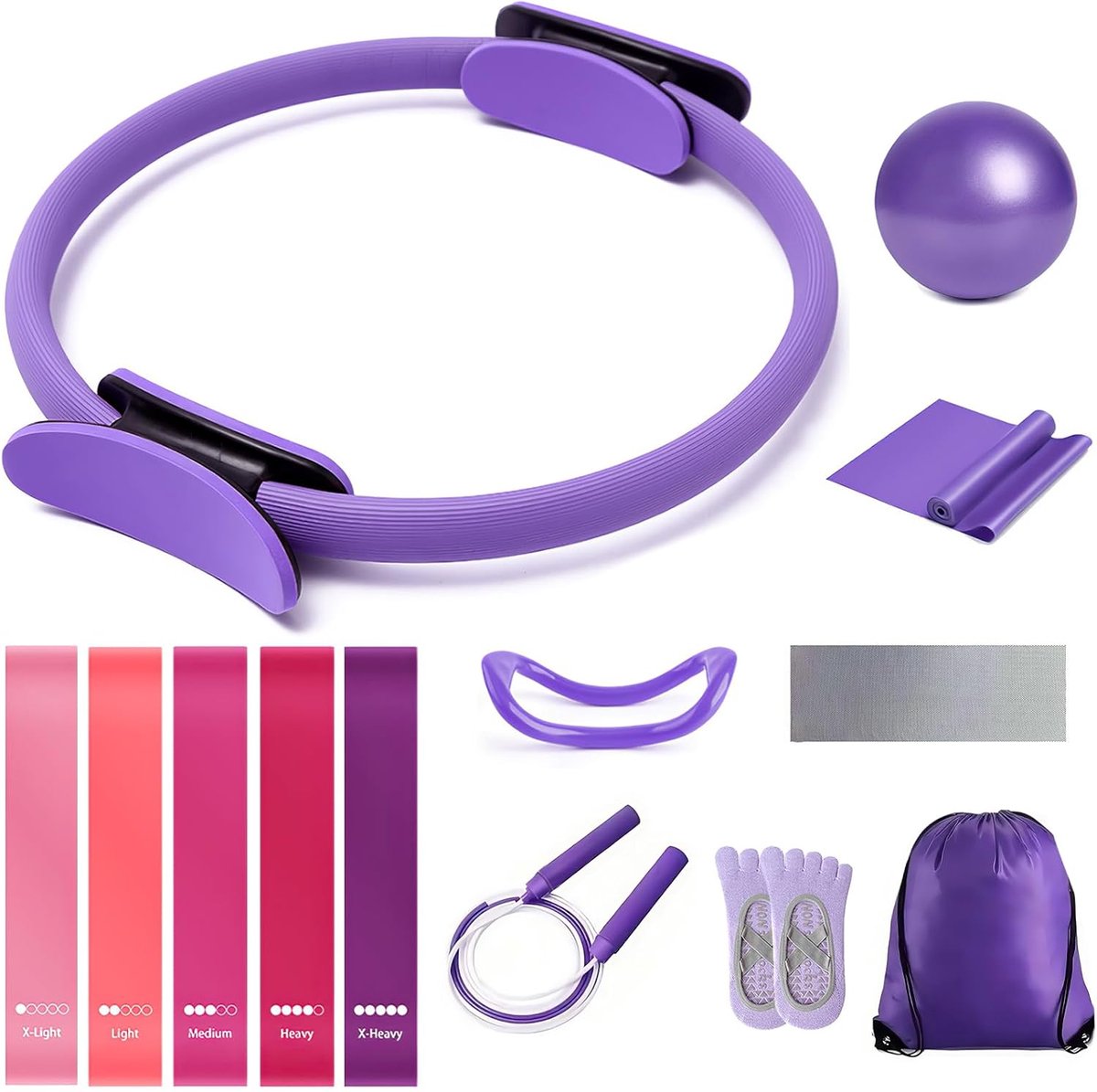Pilates Ringenset - Thuis Fitness Set - Kracht en Flexibiliteit - Compleet Trainingspakket - Diverse Accessoires - Paars