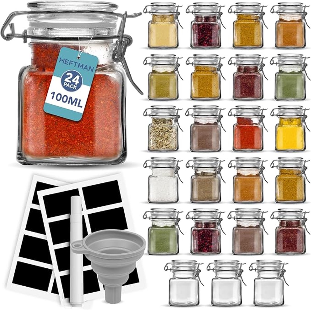 KARZO Glazen potjes met clipsluiting - 24 x 100 ml kruidenpotten met deksels en etiketten luchtdichte afdichting kleine glazen potten met deksels en trechter perfect voor kruiden, specerijen, oliën