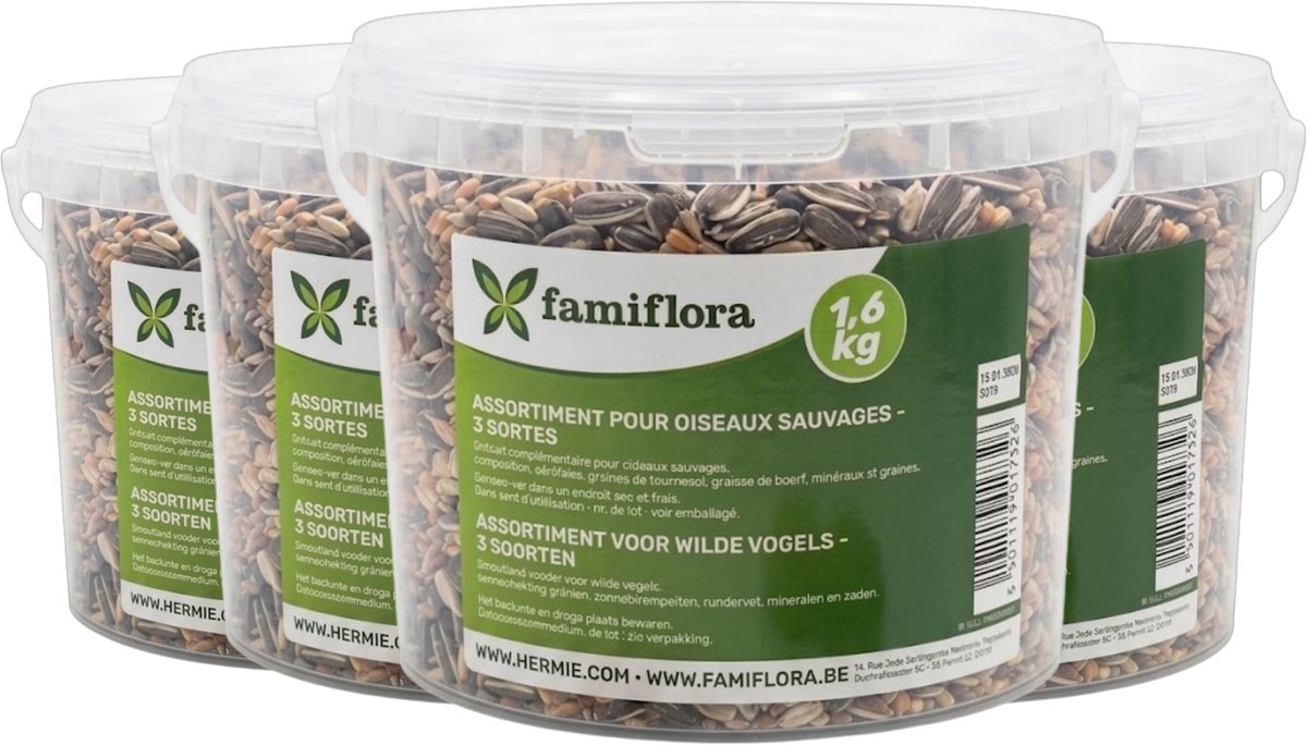 Famiflora Assortiment Buitenvogels Mixbox - 4 emmers - 3 Soorten Vogelvoer - 6.4 KG (4 x 1.6KG) - Voor tuinvogels - 3 soorten voer - 1,6 kg voordeelverpakking - Trekt diverse vogelsoorten aan