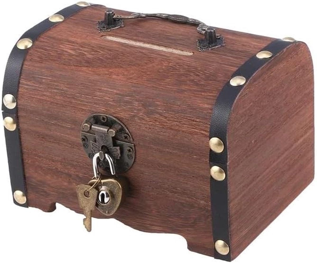 Houten Spaarpot - Schattkist Muntcassette - Geld Bewaren - Met Slot - 16x9x13 cm - Bruin
