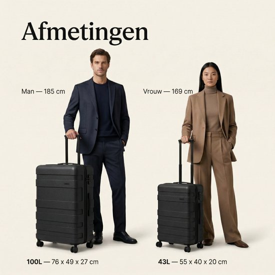 Afmetingen van de zwarte koffers: 100L (76x49x27 cm) en 43L (55x40x20 cm). Mannen- en vrouwenmodel.