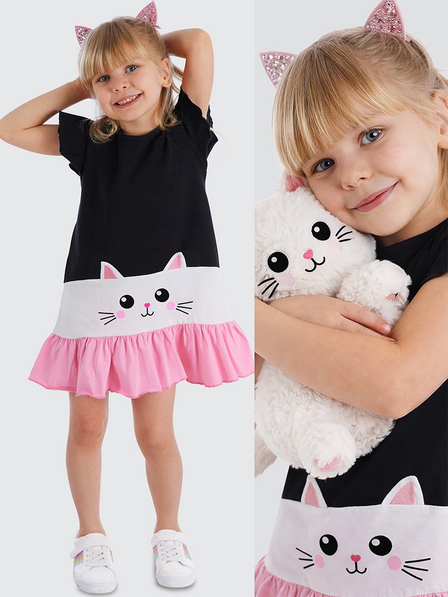 Denokids CFF-21Y2-045 Zwart Meisjes Jurk Kattenprint Ruffle 104