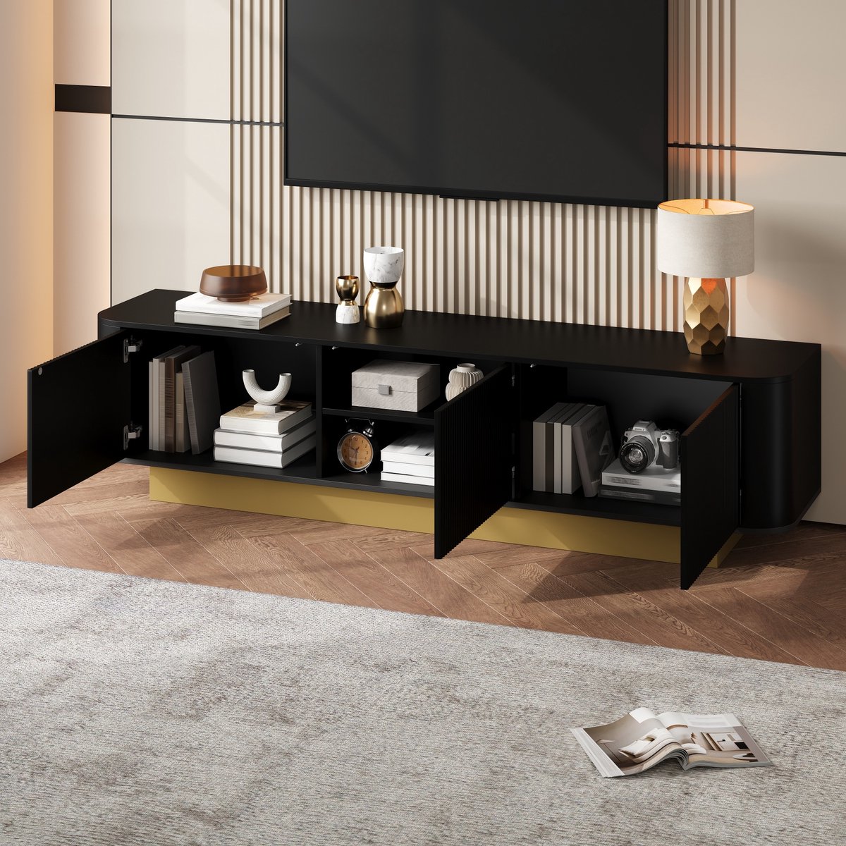 MODENUIT Tv-meubel - 3 Deuren En Kabeldoorvoer - Voor Woonkamer - MDF En Spaanplaat - Zwart - 170x40,5x47 Cm