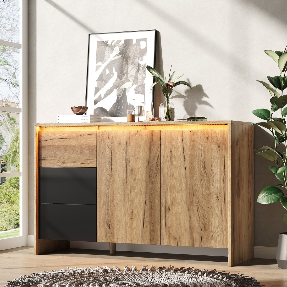 MODENUIT Dressoir - LED-Verlichting Met 3 Laden En 2 Deuren - Voor Woonkamer En Hal - Spaanplaat - 105x40x76 Cm Natuurlijk