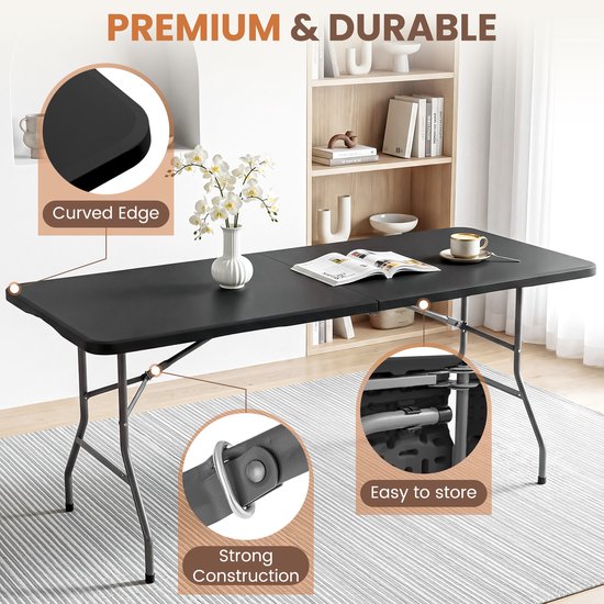 xDays Inklapbare Tafel - Zwart - 180x70x73 cm - Klaptafel - Vouwtafel - Campingtafel - Opvouwbaar tot Koffer met Handvat - Weerbestendig - 6 tot 8 Personen - Partytafel - Buffettafel - Binnen & Buiten van Merkloos — afbeelding 4