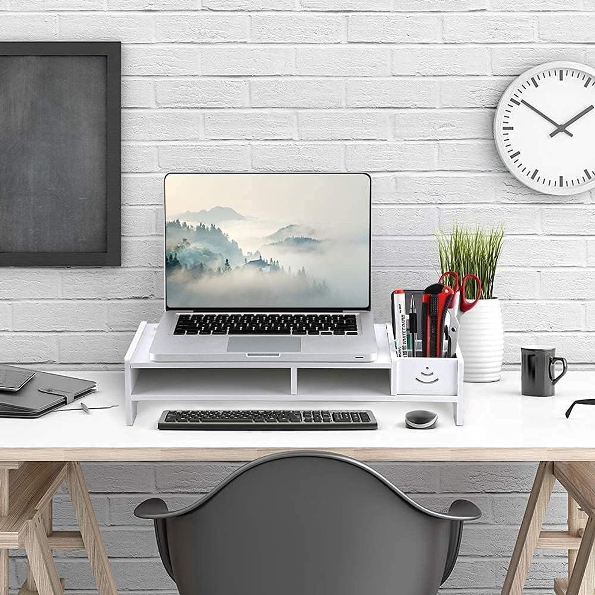 Monitor Verhoger - Bureau Organizer - Netjes Werken - Eenvoudige Montage - 48 cm Breed - Wit