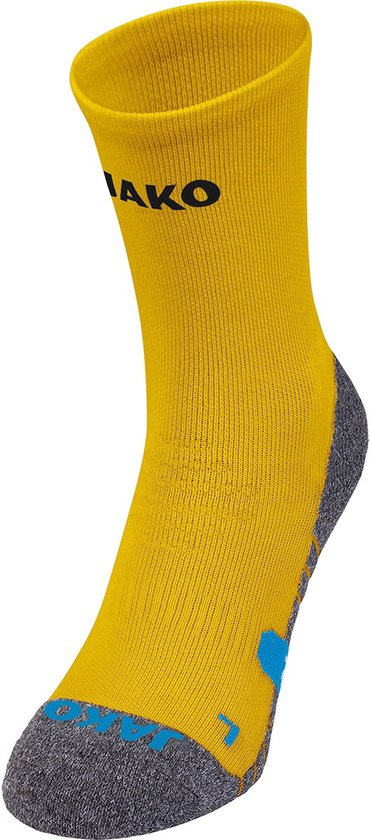 Chaussette de sport JAKO jaune avec renfort gris aux orteils et au talon. Détails bleus sur le côté.