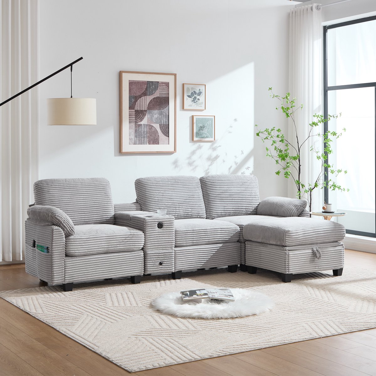 MODENUIT Hoekbank 266 x 136 cm - Met USB-C, Opbergconsole En Hocker - Voor Woonkamer - Rib