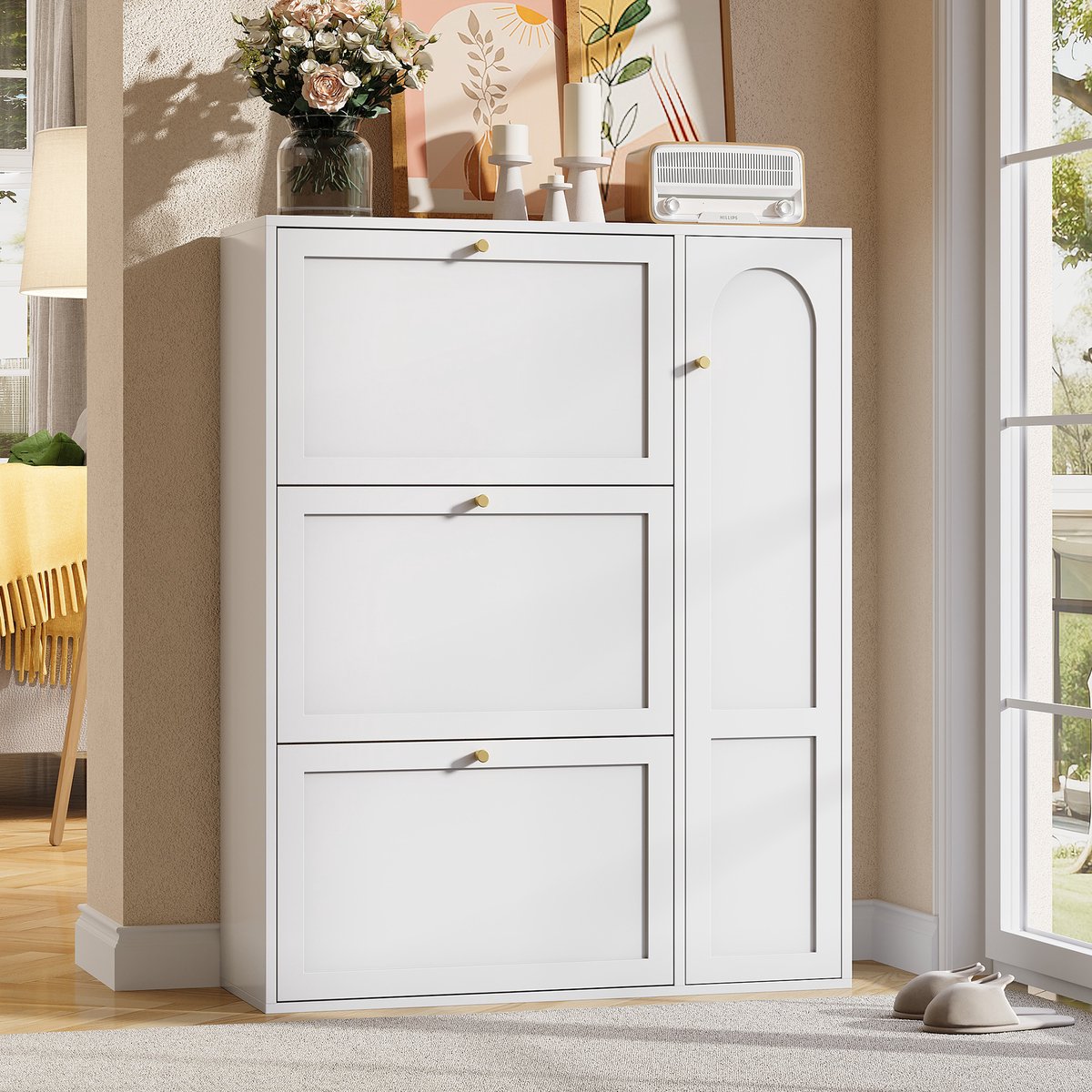 HAUSS SPOLE Schoenenkast - Smal Ontwerp Met 3 Kleppen En Deur - Voor Hal En Entree - MDF En Spaanplaat - 90x25x114 Cm - Wit