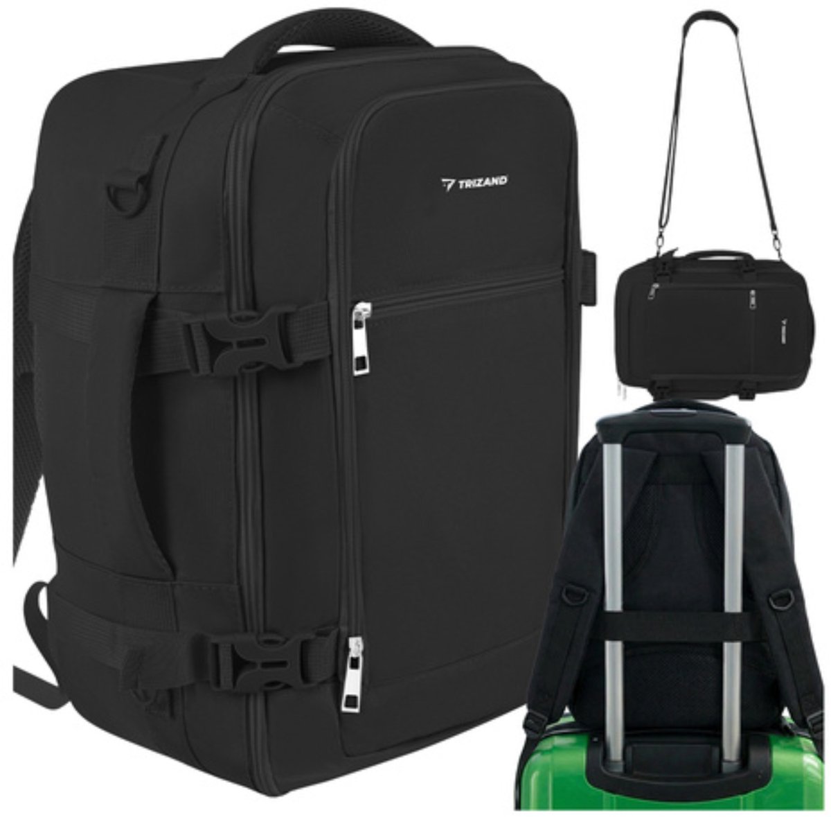 Trizand Zwarte handbagage rugzak 40 x 25 x 20 cm met 7 vakken en kofferbevestiging