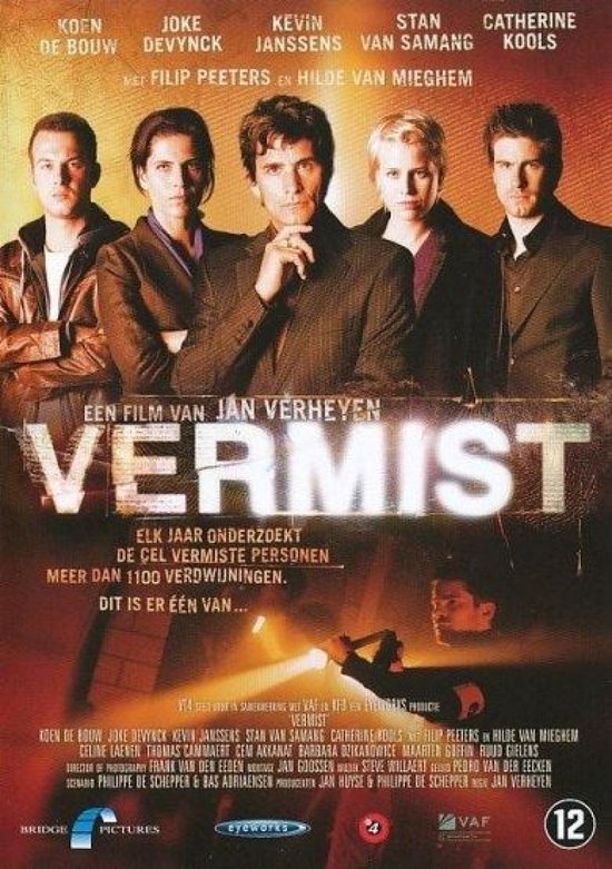 DVD-cover van de film 'Vermist' met de cast, inclusief Koen de Bouw, Joke Devynck, Kevin Janssens, Stan Van Samang en Catherine Kool.