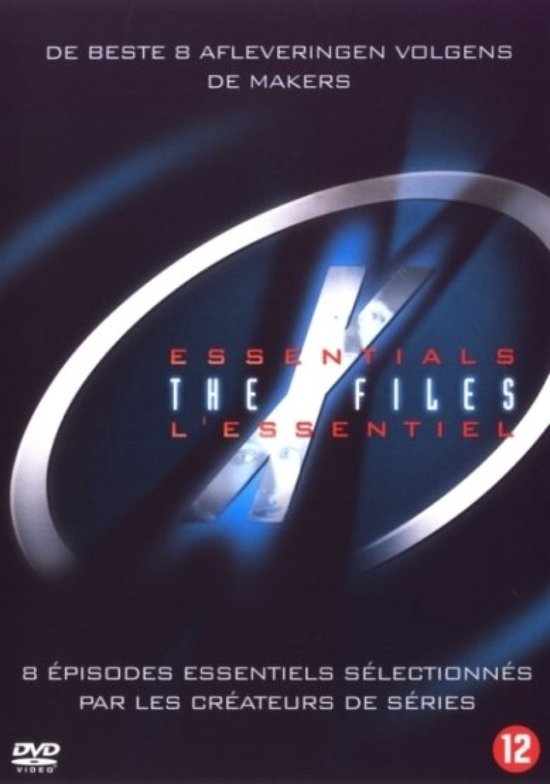 DVD-hoes voor 'The X-Files Essentials', met het X-logo en de tekst '8 afleveringen essentiel volgens de makers'.