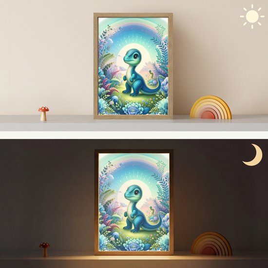 Nachtlampje 30x40 cm - Kinder lamp - Dino - Blauw - Regenboog - Dinosaurus - Baby - Tafellamp kinderkamer draadloos - Slaapkamer lampje - Bedlamp kinderen - Kinderlampje - Wandlamp babykamer - Nachtlampjes van OnlyWow — afbeelding 4