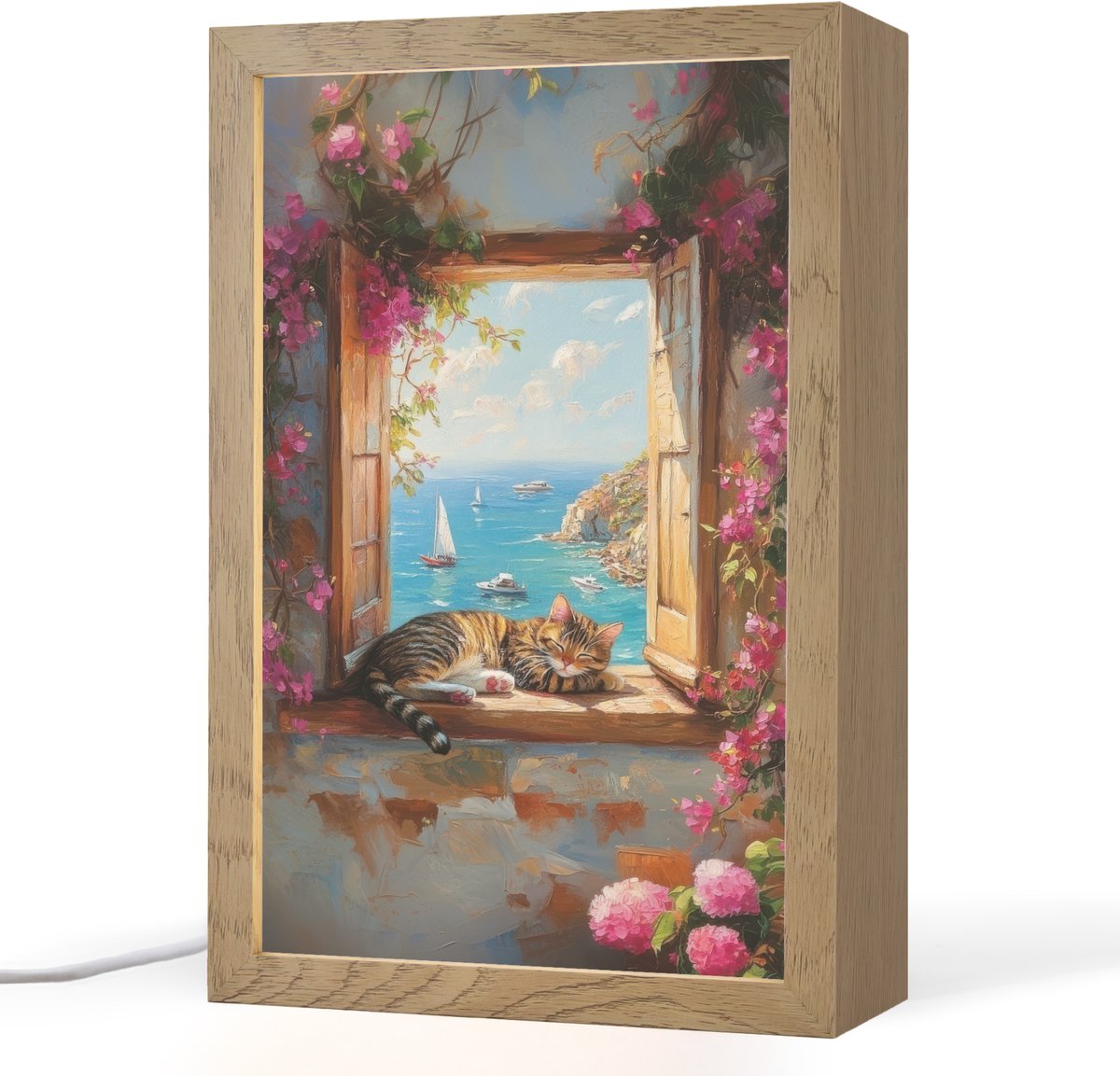 Tafellamp 20x30 cm - LED lamp - Kat - Blauwe zee - Roze bloemen - Decoratieve tafellampen - Dimbaar - Tafellampje slaapkamer - Woonkamer binnen