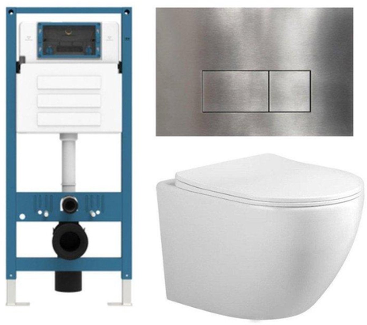 FugaFlow Eccelente Press Toiletset - 48.5x36x32cm - diepspoel - spoelrandloos - inbouwreservoir - softclose - quickrelease - toiletzitting - RVS metalen bedieningsplaat - rechthoekige knoppen - wit